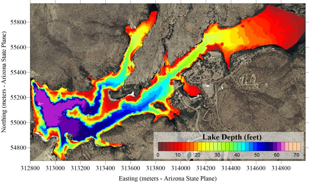 A topographical map illustrates the bathymetry of Lake Patagonia in